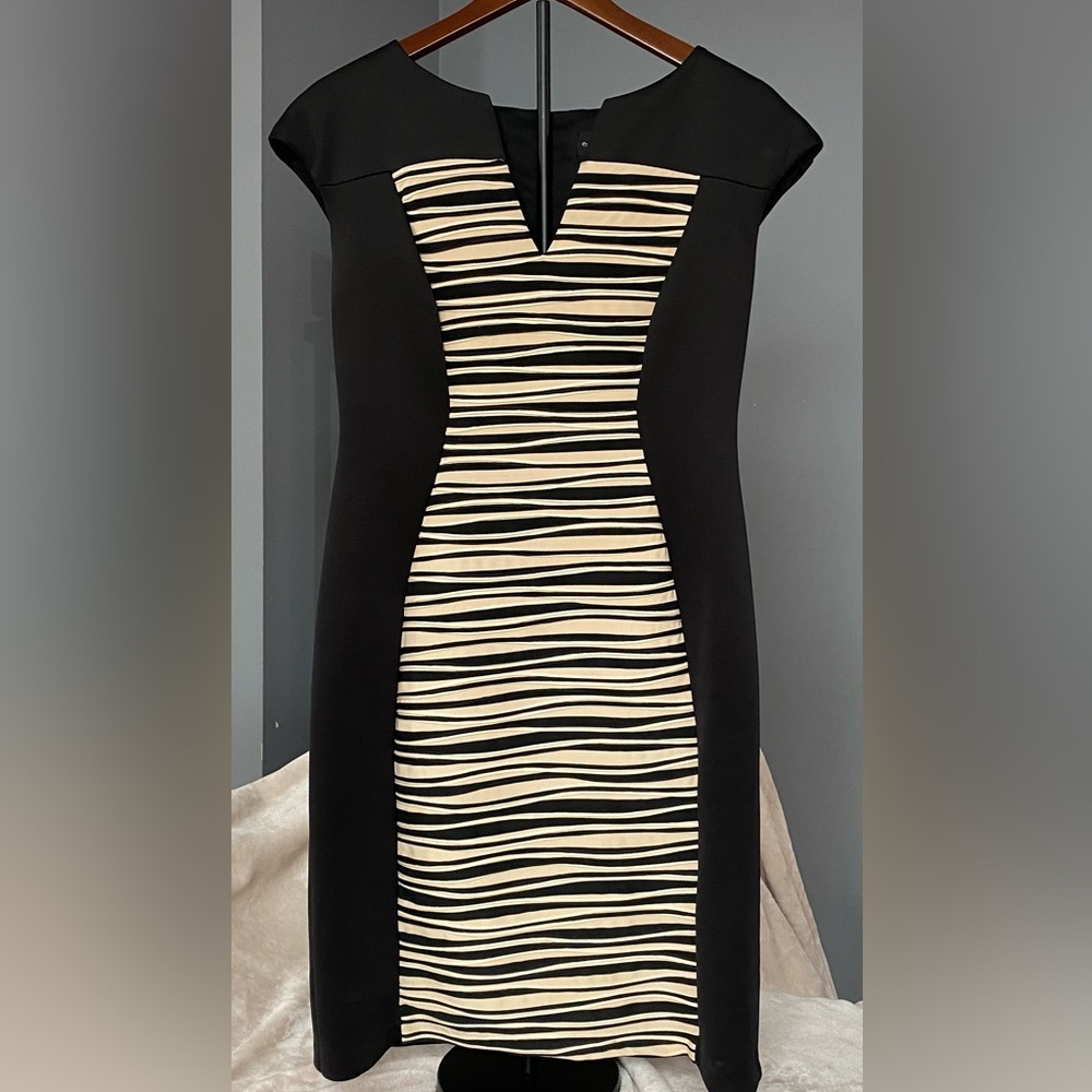 Connected Apparel Black and Cream Patterned Dress